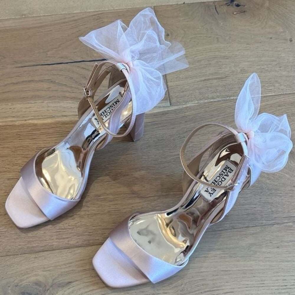 Badgley Mischka Tess Pink Satin Tulle Bow Block Heel Sandals